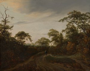 Strada in un paesaggio boschivo al crepuscolo da Jacob van Ruisdael